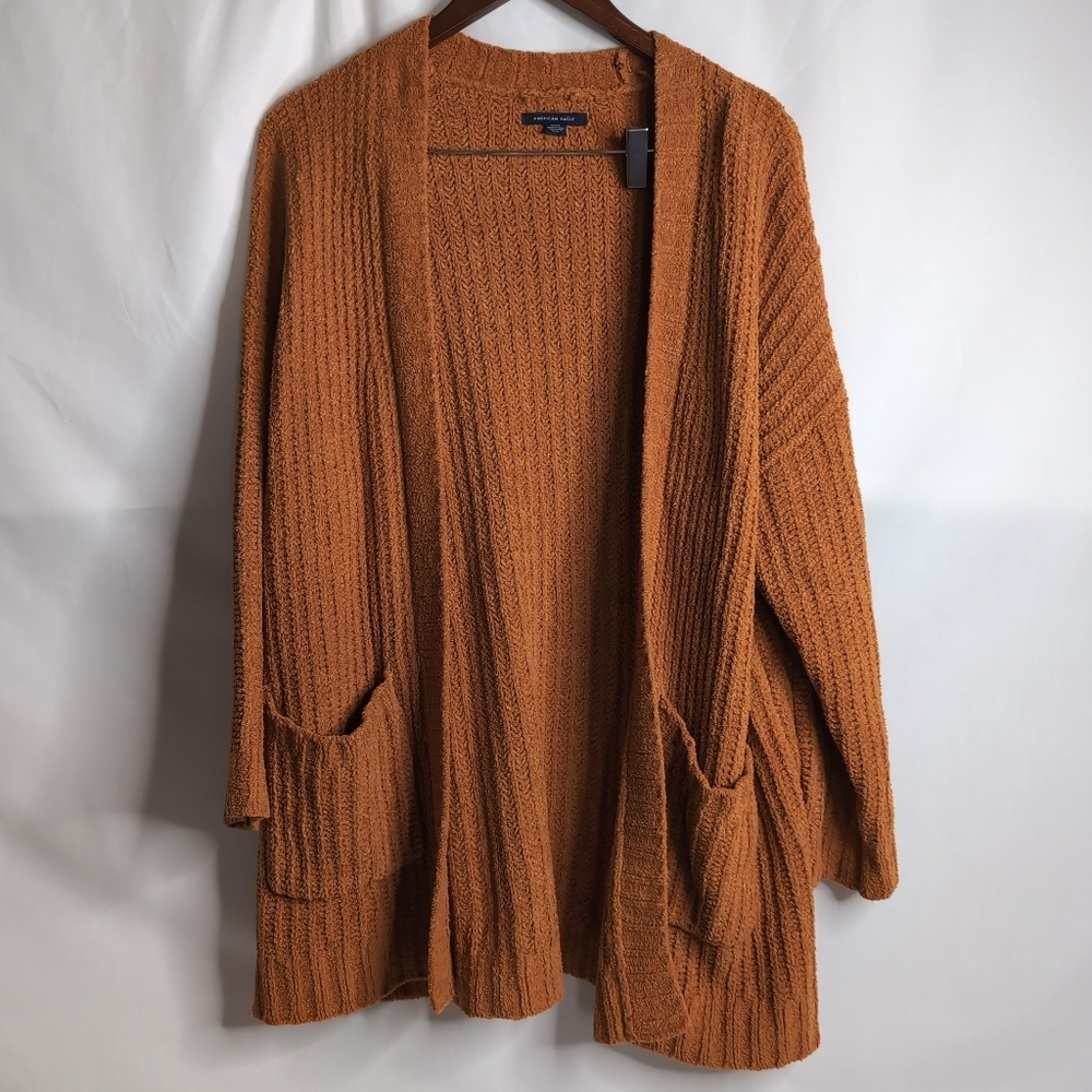 American Eagle Orange Open Front Chunky Long Chenille Cardigan, Size M